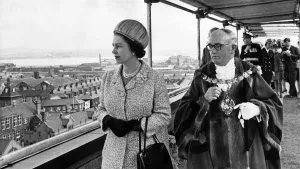 The Mayor of Widnes (Mr Vincent Nyland) and Queen Elizabeth II take a look out over