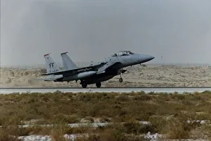 Landing Prints: A McDonnell Douglas F15 Eagle of the USAF lands on a desert runway during the Gulf War