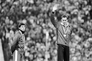 Medal ceremony after final of Mens 800 metres at the 1980 Summer Olympics in Moscow
