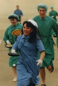 Doctor Prints: Medical staff take part in a Shrove Tuesday Pancake Race along the North East Coast line