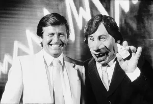 Melvyn Bragg Arts programme presenter meets Melvyn Bragg Spitting Image puppet who is