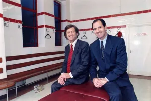 Broadcaster Prints: Melvyn Bragg and George Graham at Highbury stadium 13 / 10 / 1993