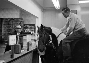 A member of the stables at Bramdean Riding School in London makes a farewell call on top
