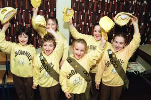 Brownies Prints: Members of the 1st Billingham Brownie pack celebrating getting a cash grant to be spent