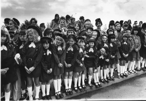 North Wales Prints: Members of The Brownies eagerly await Queen Elizabeth IIs visit to the Wrexham area