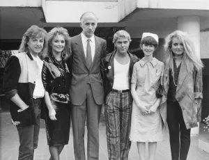 Members of Bucks Fizz with nurse Angela Little and surgeon Tony Strong at Newcastle