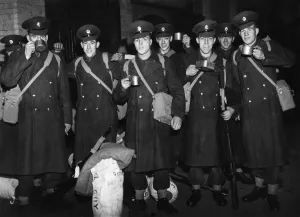 Regiments Prints: Members of the Coldstream Gurads seen here enjoying a cup of tea before embarking on a