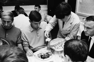 Waiter Prints: Members of the England football team eating breakfast at the team hotel in Hendon during