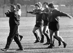 01133 Prints: Members of the Liverpool first team are given breathing exercises by trainer Joe Fagan