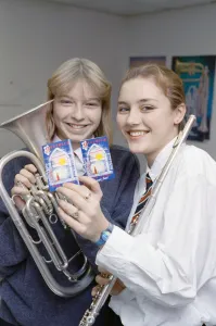 Musical Instrument Prints: Members of Rastrick High School Concert Band with their cassette recordings