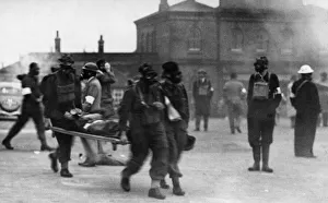 Gas Masks Prints: Members of the Reading Home Guard seen here as stretcher bearers during a simulated gas