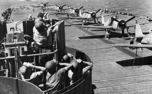 Planes Prints: Members of a United States Navy gun crew tt their battle stations scan the sky while