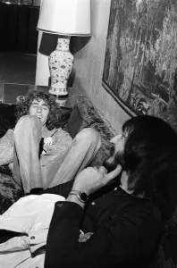 00450 Prints: Members of The Who rock group. Singer Roger Daltrey with bass guitarist John