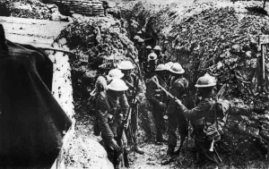 Trenches Prints: Men of the 1st Lancashire Fusileers fixing bayonets before their assault