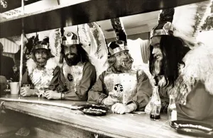 Helmets Prints: Men drinking in a pub in Knightsbridge London wearing Viking costume