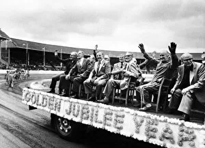 Belle Vue Collection: Men on a float at Belle Vue Speedway, Golden Jubilee Year