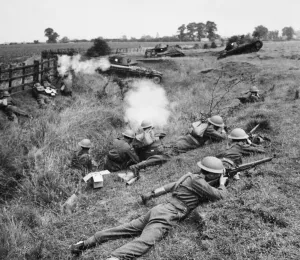 Training Exercise Prints: Men of the Home Guard taking part in a training exercise with the aid of a Valentine tank