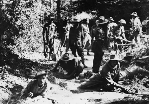 Men of the Indian Field engineers searching for mines and booby traps during the advance