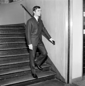 Men modelling the latest 1963 menswear designs in Paris boutique. April 1963
