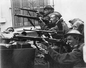 Tunisia Prints: Men of Rifle Brigade picking off German snipers operating in a high building. Tunisia