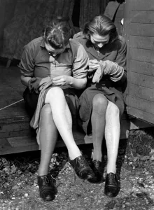 Stockings Prints: Mending their stocking at training and reception Depot for ATS girls in Aldermaston