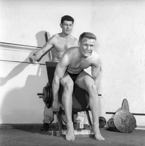 Mens Health: Body builder Larry Stevens seen here with his training coach exercising