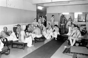 The mens rest area at the mens Turkish baths at Poplar in Londons East End