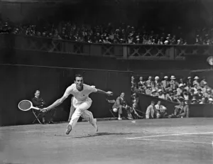 Grass Prints: Mens Singles Semi-Finals, Britains Fred Perry in Centre Court action against Jack