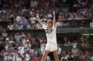 00017 Prints: Mens Wimbledon Final. Michael Stich v Boris Becker Stich celebrates
