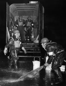 Merseyside ARP team seen here wearing their gas suits and masks during a gas