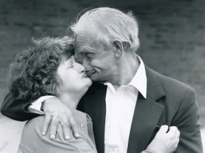 Embrace Prints: Meville Taylor gurning with his long lost sister Joan Priddle. March 1980