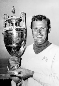 00131 Prints: Micgael Bonallack holding trophy cup he won at The British Amateur Golf Championship
