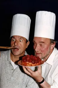 Michael Elphick Actor & Don Henderson try out a Strawberry Flan - chefs