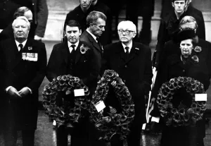 Conservatives Prints: Michael Foot 1982 Cenotaph London Rememberance Sunday holding wreaths