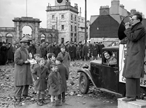 Megaphone Prints: Michael Foot canvassing outside the dockyard gates in Devonport with his wife Jill