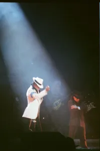 Michael Jackson seen here after perforiming on stage at Wembley during the Bad concert