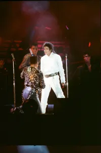 Michael Jackson seen here after perforiming on stage at Wembley during the Bad concert