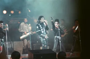 Michael Jackson seen here after perforiming on stage at Wembley during the Bad concert
