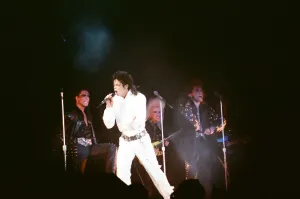 Michael Jackson seen here after perforiming on stage at Wembley during the Bad concert