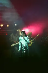 Michael Jackson seen here after perforiming on stage at Wembley during the Bad concert