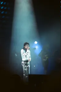 Michael Jackson seen here after perforiming on stage at Wembley during the Bad concert