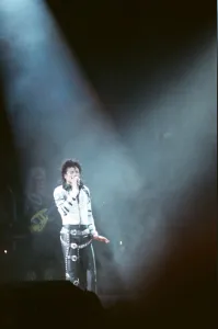Michael Jackson seen here after perforiming on stage at Wembley during the Bad concert