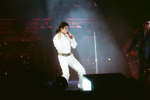 Michael Jackson seen here after perforiming on stage at Wembley during the Bad concert