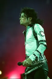 Michael Jackson can be seen performing on stage at Wembley during the Bad concert tour