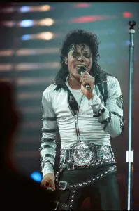 Michael Jackson can be seen performing on stage at Wembley during the Bad concert tour