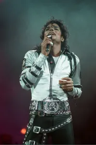 Michael Jackson can be seen performing on stage at Wembley during the Bad concert tour