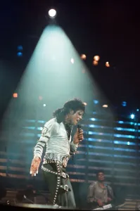 Michael Jackson can be seen performing on stage at Wembley during the Bad concert tour