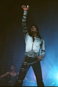 Michael Jackson can be seen performing on stage at Wembley during the Bad concert tour