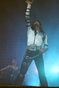 Michael Jackson can be seen performing on stage at Wembley during the Bad concert tour