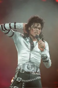 Michael Jackson can be seen performing on stage at Wembley during the Bad concert tour
